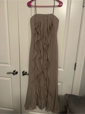 White House Black Market Taupe Maxi Dress with Cascading Ruffles